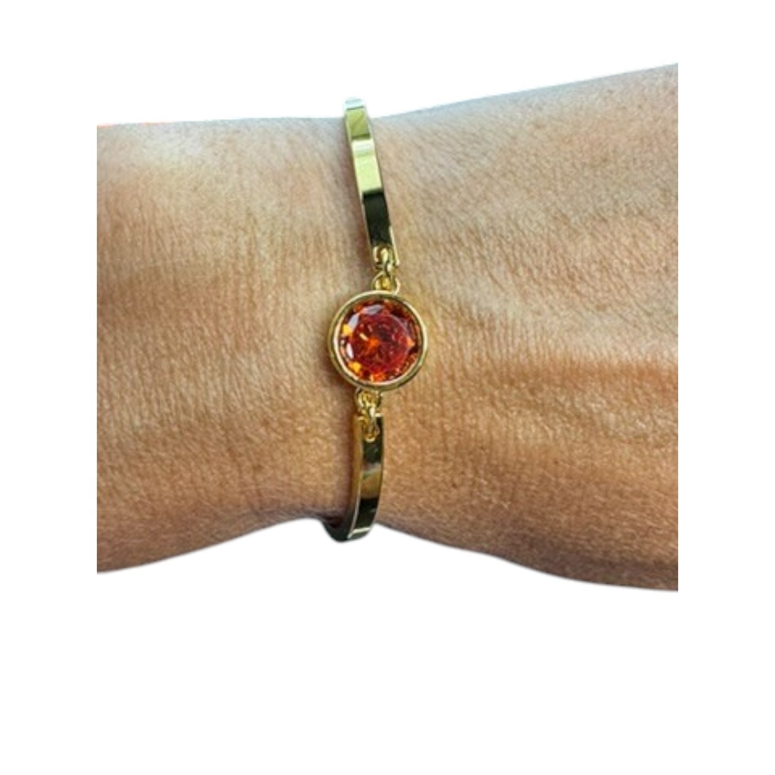 18k Gold Plated Orange Bezel Center Crystal On Curved Gold Bars Bracelet 30$